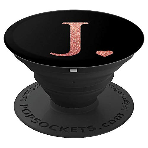 Heart Rose Pink Letter J Initial Monogram Black Cute PopSockets Grip and Stand for Phones and Tablets
