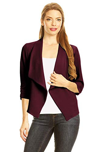 Casual 3 4 Sleeve Open Front Cardigan Jacket Work Office Blazer with Plus Size Plum 2XL
