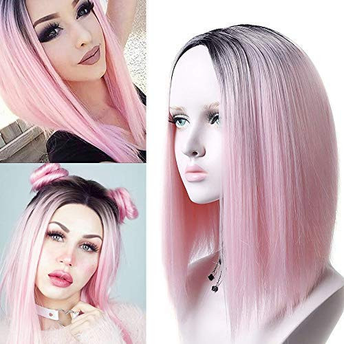 Ombre Pink Wig Short Straight Middle Part Wigs for Women Shoulder Length Colorful Wig Dark Roots Heat Resistant Synthetic Full Wigs Natural Looking 14inches