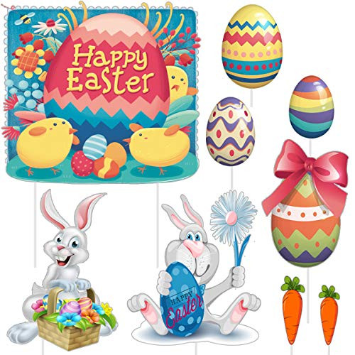 Easter Decorations Yard Signs Outdoor Lawn Decorations Plastic Easter Bunny Easter Eggs And Carrot Party Yard Signs with Stakes Multicolored Corrugated Signs for Easter Hunt Game Easter Props   9 Pcs