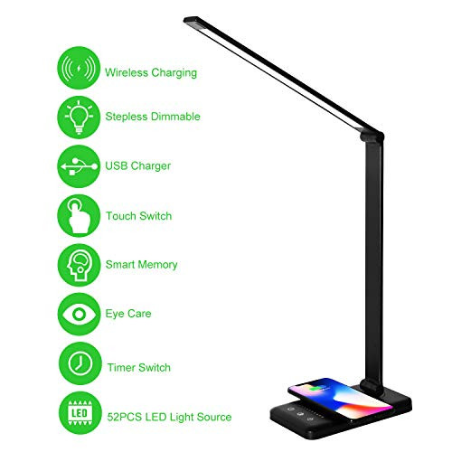 LED Desk Lamp with Wireless ChargerEye Caring Table LampsStepless Dimmable Office Lamp with USB Charging PortTouch Memory Timer Function25 Brightness LightingFoldable LampHimigo