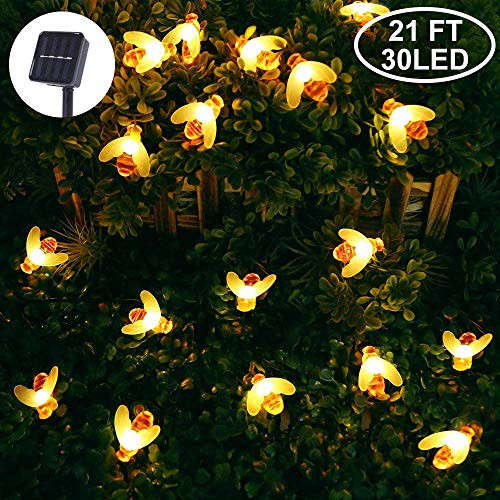 Sundecor Solar String Lights Honeybee 21ft 30 LED 8 Modes Starry Lights Outdoor Waterproof Honey Bees Fairy Decorative Lights for Garden Patio Gate Yard Party Wedding Indoor Christmas  Warm White