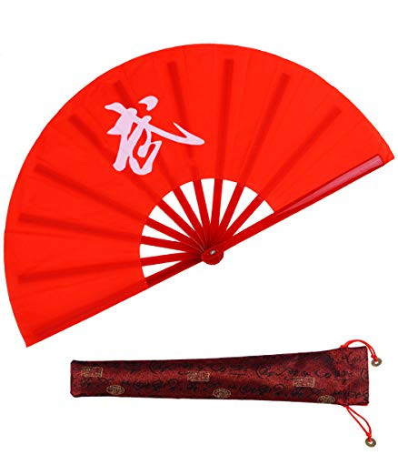 Folding Fan Red Large Chinese Hand Fan Kung Fu Tai Chi Hand Held Plastic Nylon Folding Fans for Men Women with a Fabric Case for Protection 13inch Kung Ku Fan