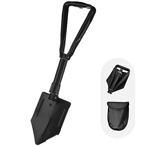 FMS Military Folding Shovel Survival Camping Snow Shovel Entrenching Tool Adjustable Angle with Shovel Bag Black