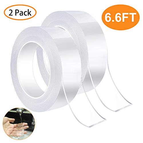 FEPITO 2 Rolls Transparent Washable Traceless Adhesive Tape Anti Slip Nano Removable Double Sided Tape for Walls Kitchen Carpet Fixing Photos Pasting 1M