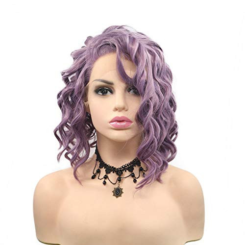 Side Part Hairline Drag Queen Bouncy Curl Bob Wigs Female Summer Party Cosplay Shoulder Length Smoky Lavender Purple Lace Front Wig Glueless Friendly Synthetic Hair 14