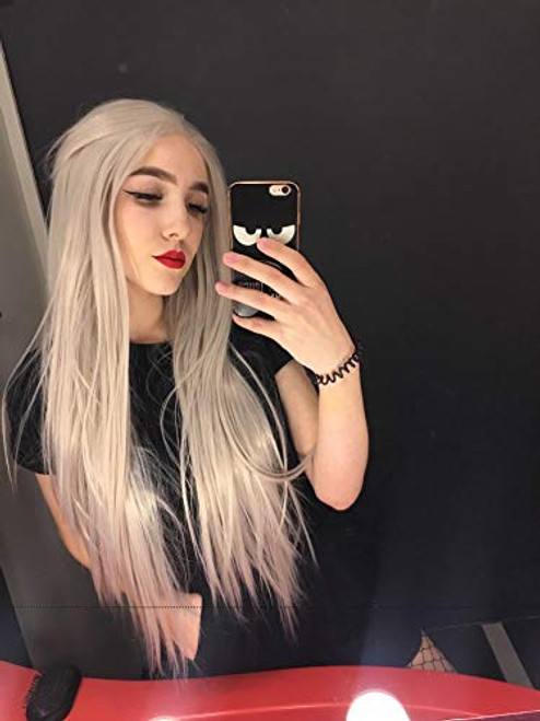 Silver Gray Wig Natural Wave Heat Resistant Long Synthetic Hair Handmade Lace Front Wigs For Drag Queen Ash Blonde Women Girls Replacement Glueless Synthetic Wig Natural Hairline 22 Silver Gray Wig Natural Wave Heat Resistant Long Synthetic Hair Handmade Lace Front Wigs For Drag Queen Ash Blonde Women Girls Replacement Glueless Synthetic Wig Natural Hairline 22