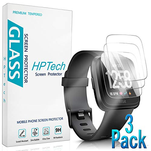 HPTech Fitbit Versa Screen Protector    3 Pack  Tempered Glass Film for Fitbit Versa Versa Lite Edition Easy to Install with Lifetime Replacement Warranty?2018 Version?