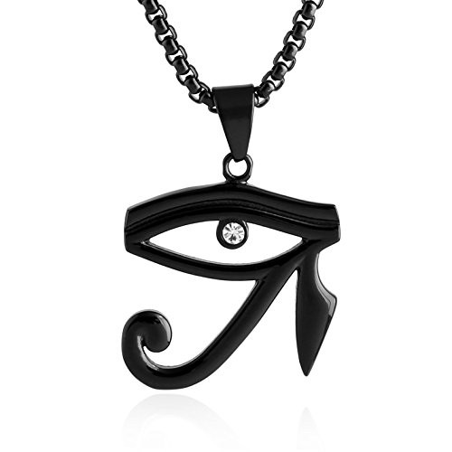 HZMAN CZ Eye of Horus Egypt Protection Pendant on Stainless Steel Necklace  Black HZMAN CZ Eye of Horus Egypt Protection Pendant on Stainless Steel Necklace  Black