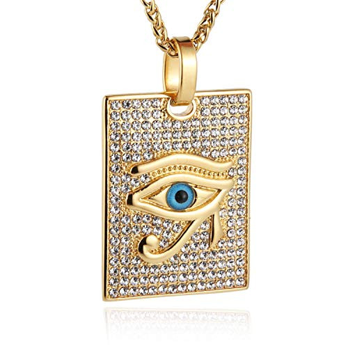 HZMAN 18k Gold Plated Iced Out Eye of Horus Egypt Protection Dog Tag Pendant Stainless Steel Necklace  Blue   Eye HZMAN 18k Gold Plated Iced Out Eye of Horus Egypt Protection Dog Tag Pendant Stainless Steel Necklace  Blue   Eye