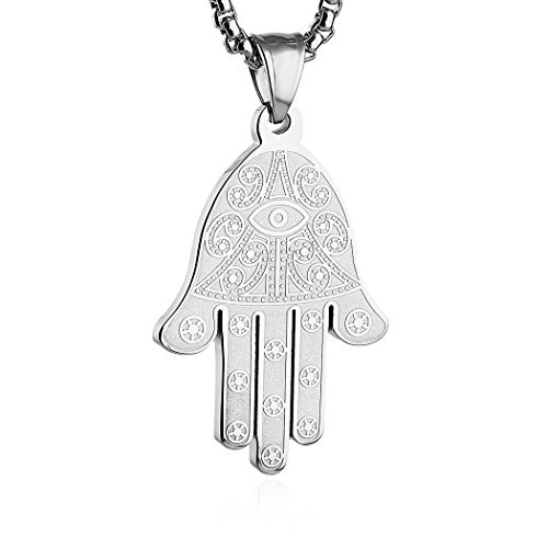 HZMAN Stainless Steel Egyptian Eye Fatima Hamsa Hand Pendant Necklace Success and Protection Lucky  Silver