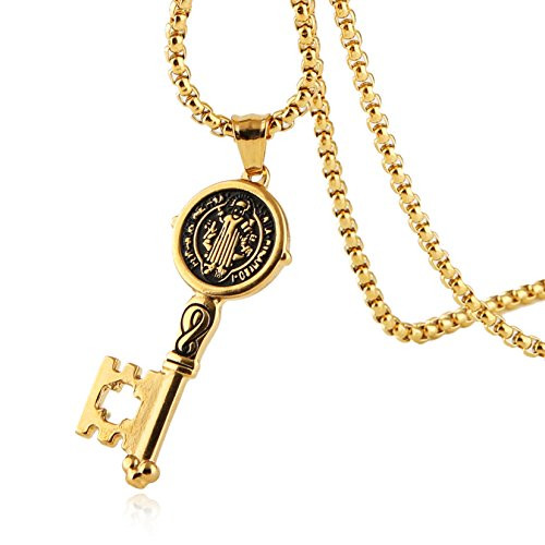 HZMAN Saint St Benedict of Nursia Patron Against Evil Key Pendant Stainless Steel Necklace Gold