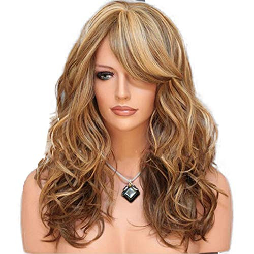 24 Natural Long Wavy Curly Brown Mixed Blonde Highlights Heat Resistant Synthetic Bangs Wigs for Women with Wig Cap and Comb Middle Part?Brown? 24 Natural Long Wavy Curly Brown Mixed Blonde Highlights Heat Resistant Synthetic Bangs Wigs for Women with Wig Cap and Comb Middle Part?Brown?