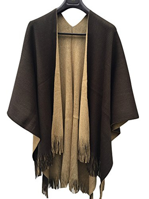 ilishop Women s Winter Knitted Faux Cashmere Poncho Capes Shawl Cardigans Sweater Coat Beige Coffee Free