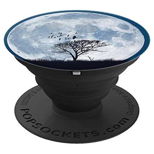 Cool Moon Tree and Birds Design Background on Black PopSockets Grip and Stand for Phones and Tablets