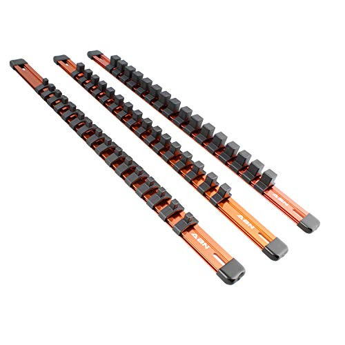 ABN Orange Aluminum SAE Socket Holder Rail 3pc Set  1 4in 3 8in 1 2in Tool Socket Organizer Rails with Clips