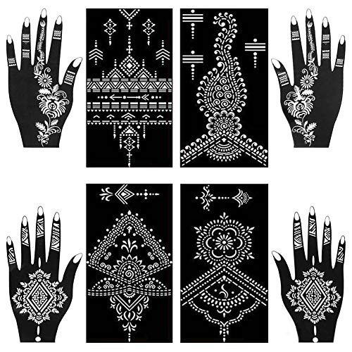 Henna Tattoo Stencils Kit Henna Paste Cones Stencils Hand Body Art Design Stencils 8 Sheets Indian Temporary Tattoos Stencils Self Adhesive Glitter Body Paint Stencils Reusable