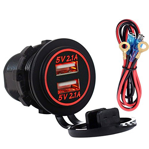 Dual USB 4.2A Charger Socket 12V/24V Waterproof Power Outlet for Car Boat Marine Motorcycle (Red LED)