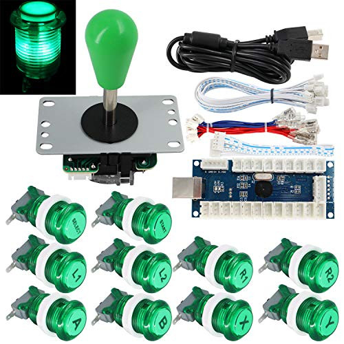 SJ JX Arcade Game Stick DIY Kit Buttons with Logo LED 8 Way Joystick USB Encoder Cable Controller for PC MAME Raspberry Pi Green