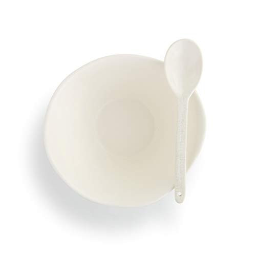 DEMDACO Textured Classic White 6 x 6 Ceramic Stoneware Decorative Bowl and Spoon Set