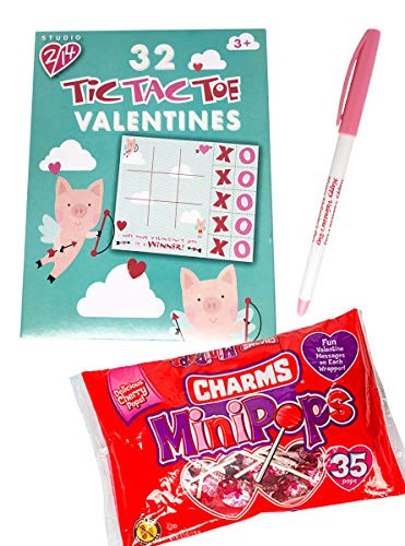 32 Fun Tic Tac Toe Valentines Cards Game with Charms Lollipop Minipops and Happy Valentine s Day Pen Classroom Exchange Bundle