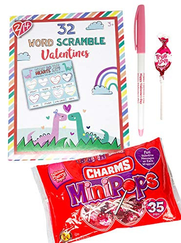 32 Word Scramble Fun Valentines Cards Game with Charms Lollipop Minipops and Happy Valentine s Day Pen Classroom Exchange Bundle