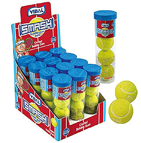 Vidal Smash Tennis Ball Sour Bubble Gum 12 Tubes  4  Gumballs in each Tube
