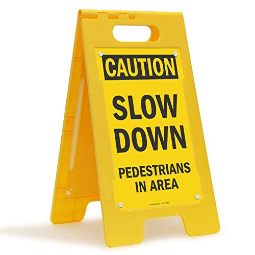 Caution   Slow Down Pedestrians In Area  Folding Floor Sign By SmartSign   25  x 12  Plastic
