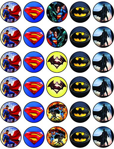 30 x Edible Cupcake Toppers  Superman VS Batman Themed Collection of Edible Cake Decorations   Uncut Edible on Wafer Sheet