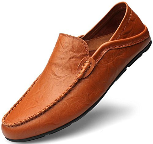 Go Tour Men s Premium Genuine Leather Casual Slip On Loafers Breathable Driving Shoes Fashion Slipper Brown 45