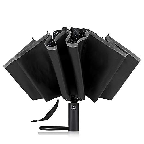 Inverted Umbrella Umbrella Windproof 42 Inch Automatic Open Close Compact Travel Umbrella Folding with Reflective Stripe 10 Ribs Black