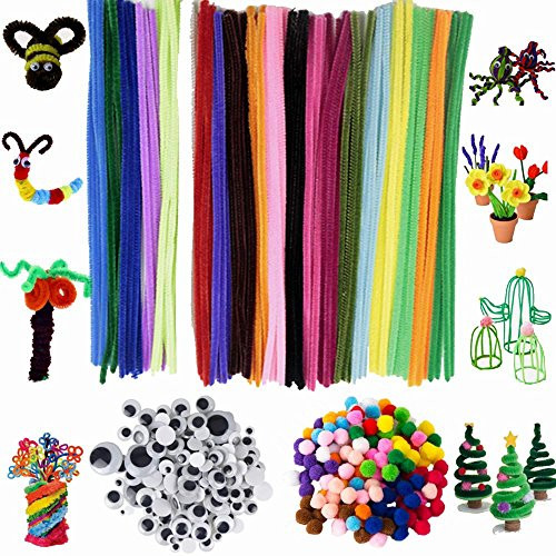 Assorted Colors Pipe Cleaners Chenille Sticks Stem DIY Art Craft Supplies Set Including 100 Pieces Pipe Cleaners,250 Pieces Pom Poms and 150 Pieces Wiggle Googly Eyes (500 pcs)