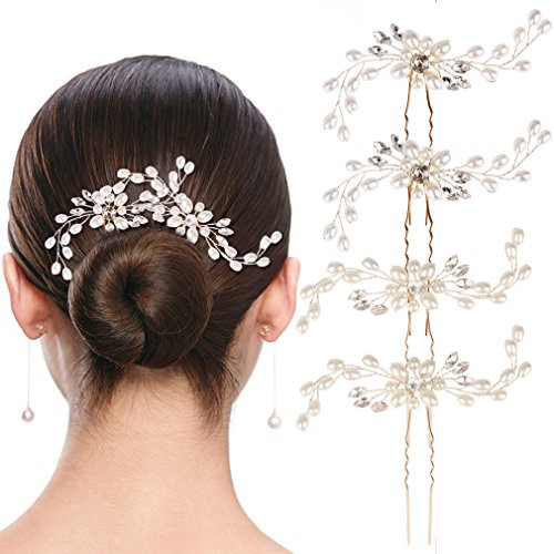 Jaciya 4 Pack Wedding Bridal Crystal Pearl Hair Pins Decorated Hairpins Golden