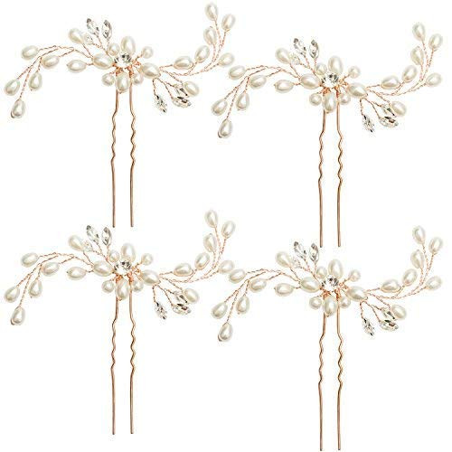 Jaciya 4 Pack Wedding Bridal Crystal Pearl Hair Pins Decorated Hairpins for Women  Rose Gold