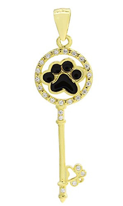 AFFY Jewelry Black Enamel Round White Cubic Zirconia Key Paw Pendant Necklace in 925 Sterling Silver AFFY Jewelry Black Enamel Round White Cubic Zirconia Key Paw Pendant Necklace in 925 Sterling Silver