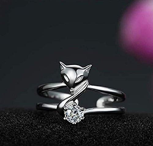 Lzz Plated 925 Silver Ring Fox Ring Cute Animal Adjustable Crystal Ring Inlaid White Cubic Zirconia Ring