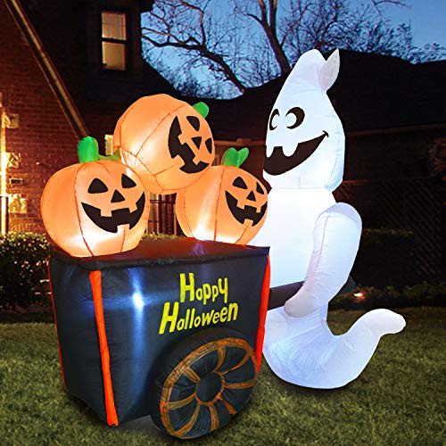 Joiedomi Halloween 6 FT Inflatable Ghost Pushing Pumpkin Cart with Build in LEDs Blow Up Inflatables for Halloween Party Indoor Outdoor Yard Garden Lawn Decorations
