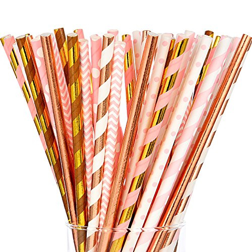 Jovitec 200 Pieces Paper Straws Biodegradable Drinking Straws Striped Polka Dot Straws Decoration Straws for Wedding Party Birthday and Baby Shower