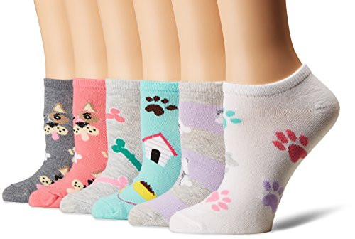 K Bell Women s 6 Pack Novelty No Show Low Cut Socks Dogs  Pink  Shoe Size  4 10