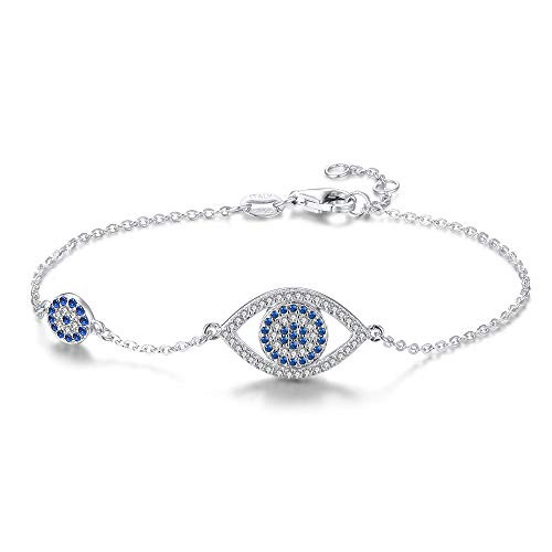 Blue Evil Eyes Link Bracelet Sterling Silver 925 Cubic Zirconia Chain Adjustable 67  7  75  Rhodium