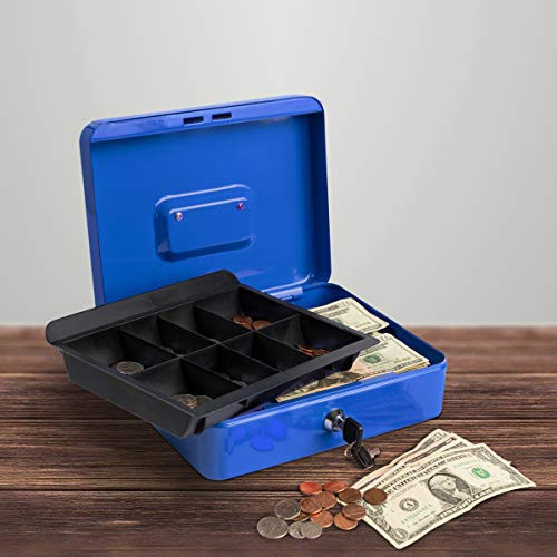 Stalwart Cash Box  Locking Steel Petty Cash Safe with Removable Coin Tray and Key Entry for Yard Sales Markets and Concession Stands  Blue