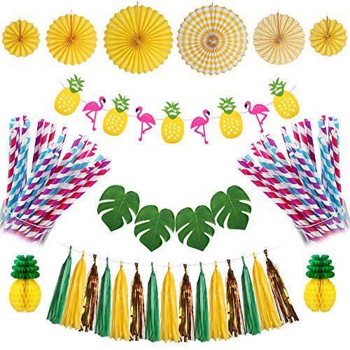 Antner Summer Party Decorations Kit Flamingo Pineapple Banner Paper Tassels Paper Flower Fan Tropical Palm Leaf for Hawaiian Luau Jungle Beach Party Decor