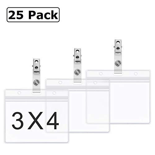 Clear Plastic Horizontal Name Tag Holders and Metal Badge Clips with Vinyl Straps Waterproof PVC ID Card Badge Holder 3x4 Inch by ZHEGUI  25 Pack Horizontal Large 3x4