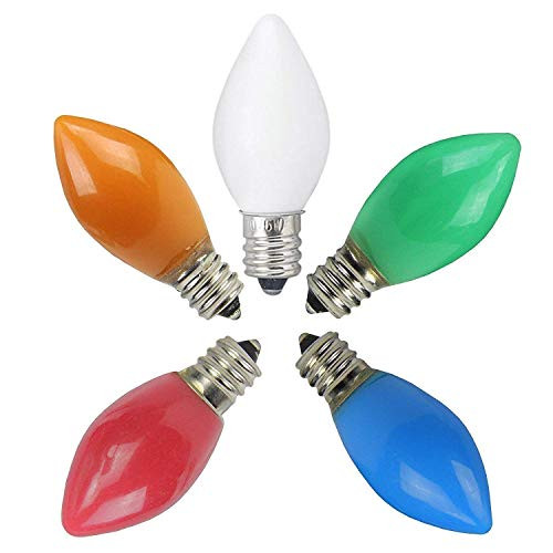 25 Pack C7 Ceramic Multi-Color String Lights Replacement Bulbs, C7/E12 Candelabra Base, 5 Watt