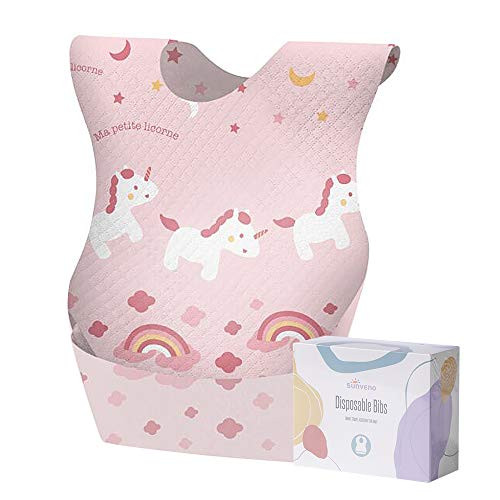 SUNVENO Disposable Bibs Baby Disposable Bib Leak Proof Liner   Reusable Fastener with Pocket for Toddlers Babies Feeding Traveling 20 PCS  Unicorn