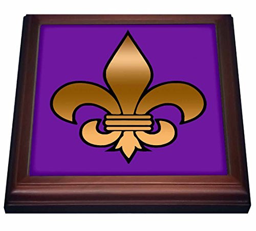 3dRose Large Gold Fleur De Lis on a Dark Purple Background Trivet with Ceramic Tile 8 by 8  Brown