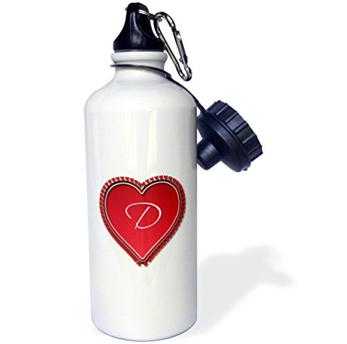 3dRose  Large red heart on a white background surrounded by small red hearts and the monogram D  Sports Water Bottle 21 oz White