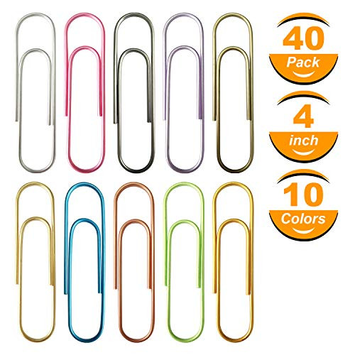 Hongfa 4" inch Mega Large Jumbo Giant Big Paper Clips Massive Mega 40 Pack 100mm, 10 Colors