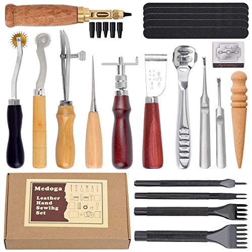 Leather Sewing Tools 18 pcs Leather Carft Tools Kit Including Awl Punch Groover Skiving Tool and Prong PunchHome Stitching Carving Leather Working Tools