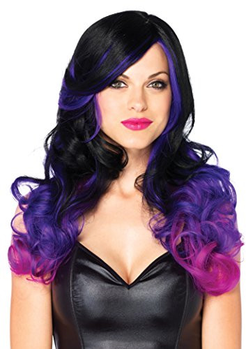 Leg Avenue Women s OS Allure Multi Color Wig with Adjustable Elastic Strap black Purple 24  Long Wavy One Size